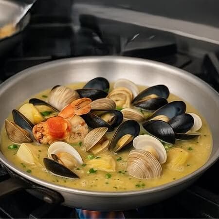 Mussels and clams in a saffron white wine broth